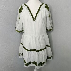 Velvet‎ Graham & Spencer Embroidered Dress White Green Short Sleeve Tiered small